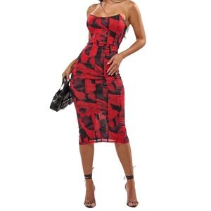 Akira Dress Womens Large Red Floral Strapless Tube Bodycon Midi Cocktail‎ Party